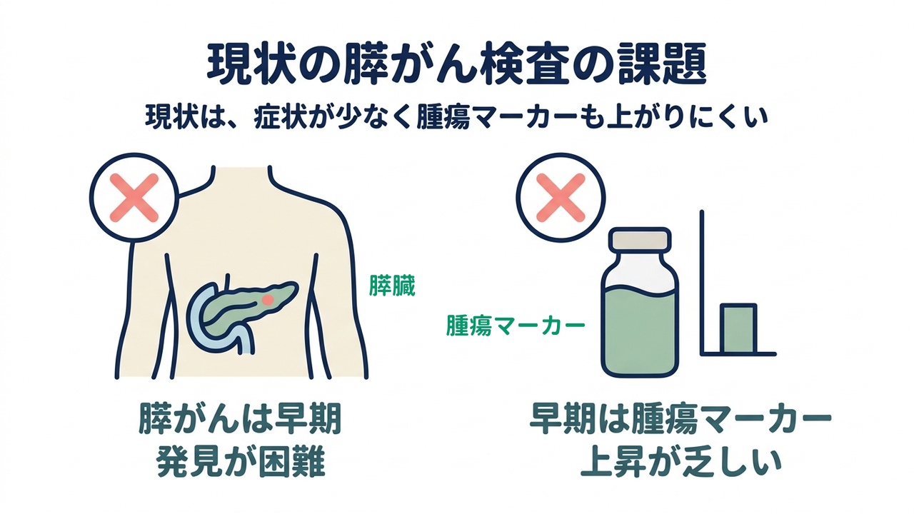 現状の膵がん検査の課題｜現状は、症状が少なく腫瘍マーカーも上がりにくい｜膵がんは早期・発見が困難／早期は腫瘍マーカー・上昇が乏しい