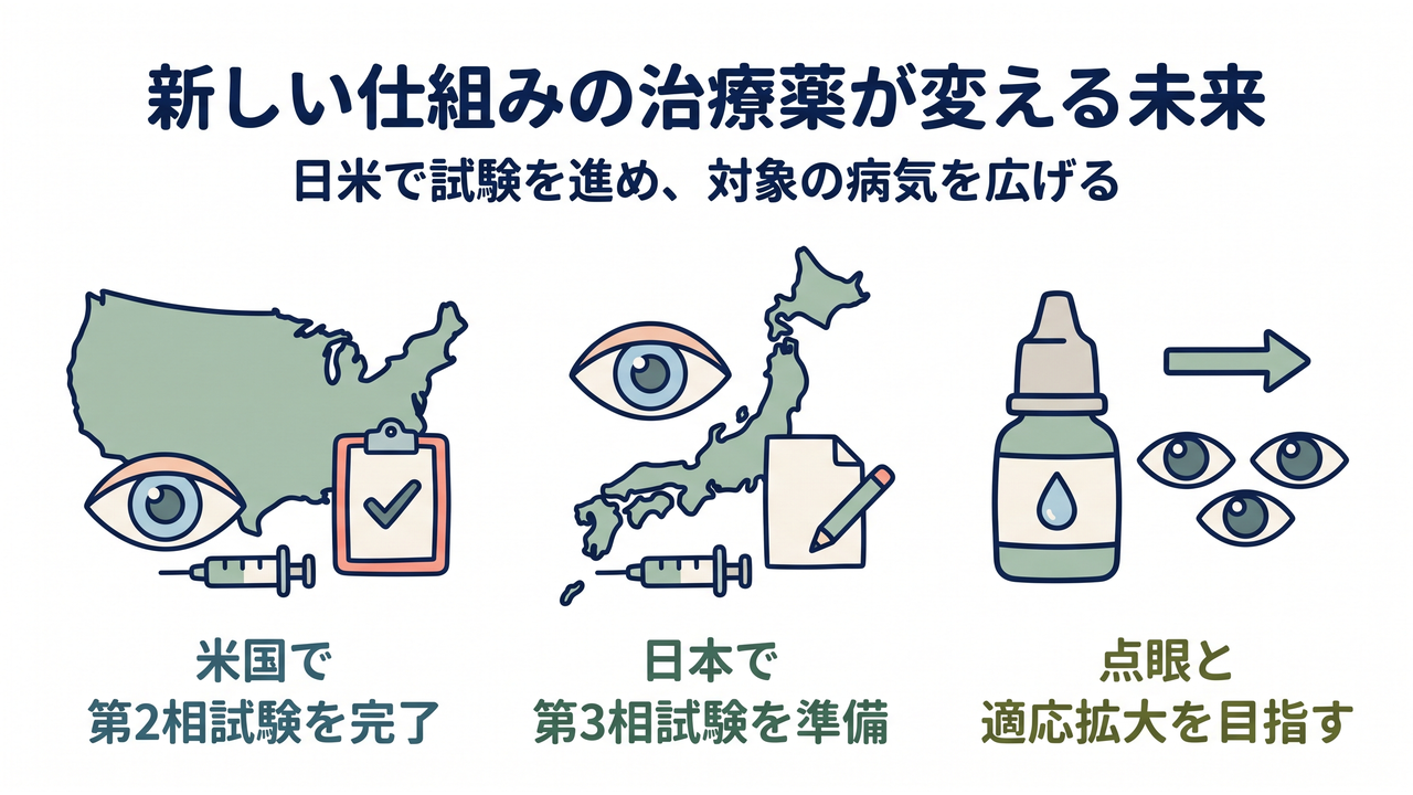 新しい仕組みの治療薬が変える未来｜日米で試験を進め、対象の病気を広げる／米国で第2相試験を完了／日本で第3相試験を準備／点眼と適応拡大を目指す