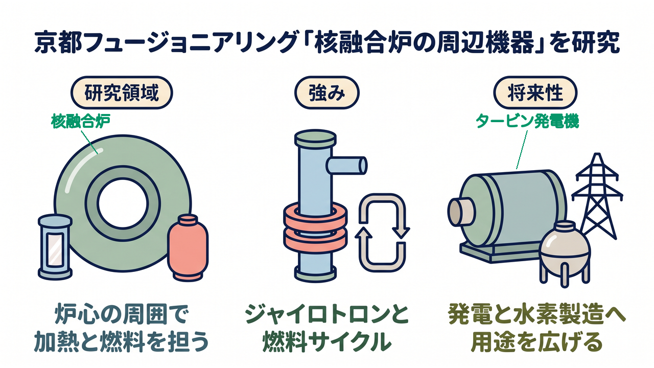 京都フュージョニアリング「核融合炉の周辺機器」を研究|研究領域=炉心の周囲で加熱と燃料を担う/強み=ジャイロトロンと燃料サイクル/将来性=発電と水素製造へ用途を広げる