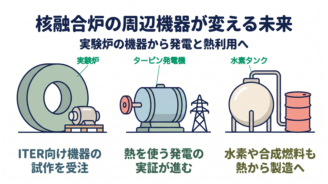 核融合炉の周辺機器が変える未来|実験炉の機器から発電と熱利用へ/ITER向け機器の試作を受注/熱を使う発電の実証が進む/水素や合成燃料も熱から製造へ