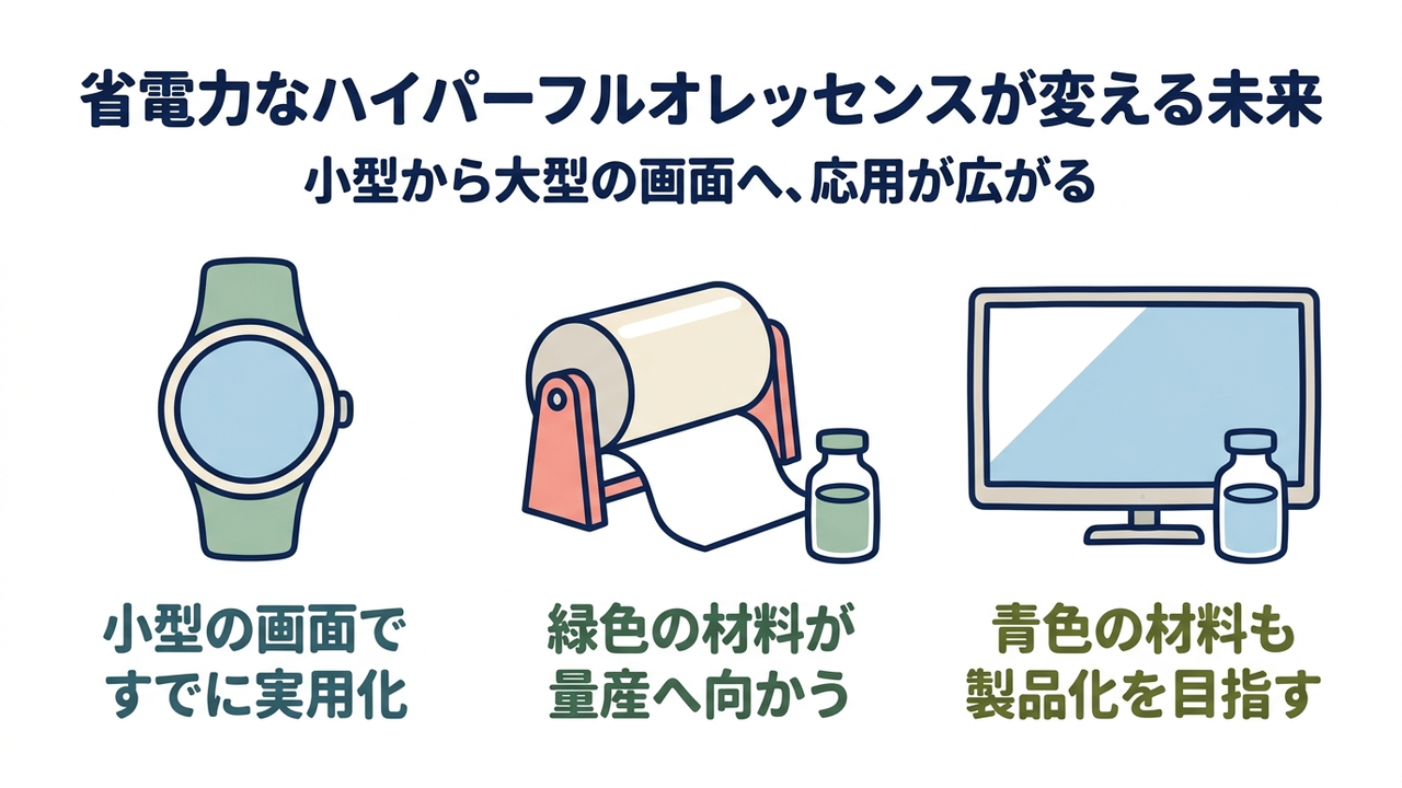 省電力なハイパーフルオレッセンスが変える未来｜小型から大型の画面へ、応用が広がる／小型の画面ですでに実用化／緑色の材料が量産へ向かう／青色の材料も製品化を目指す
