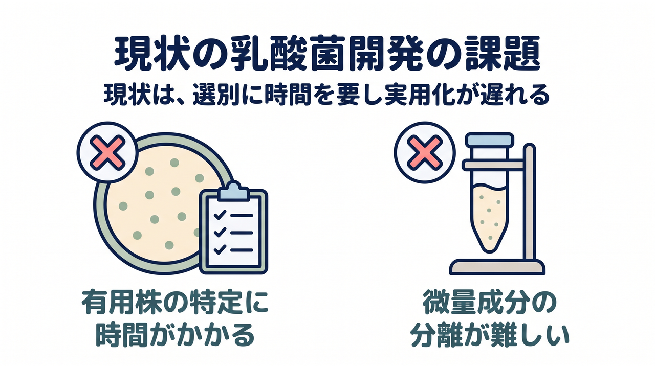現状の乳酸菌開発の課題｜現状は、選別に時間を要し実用化が遅れる。コロニーが点在するシャーレとチェックリストで示す有用株の特定に時間がかかる課題と、粒が混ざった遠心チューブで示す微量成分の分離が難しい課題