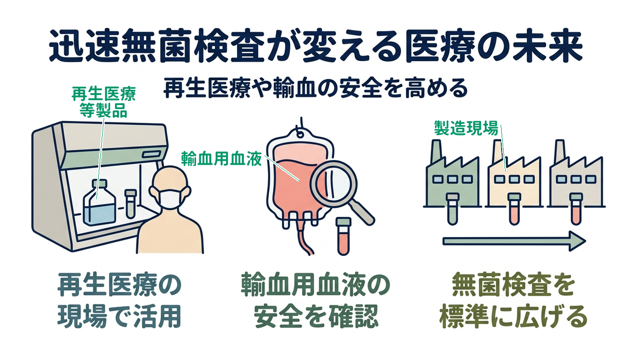 迅速無菌検査が変える医療の未来｜再生医療や輸血の安全を高める／再生医療の現場で活用／輸血用血液の安全を確認／無菌検査を標準に広げる