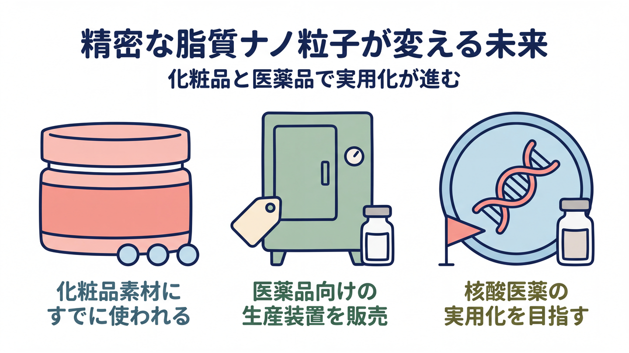 精密な脂質ナノ粒子が変える未来｜化粧品と医薬品で実用化が進む／化粧品素材にすでに使われる／医薬品向けの生産装置を販売／核酸医薬の実用化を目指す