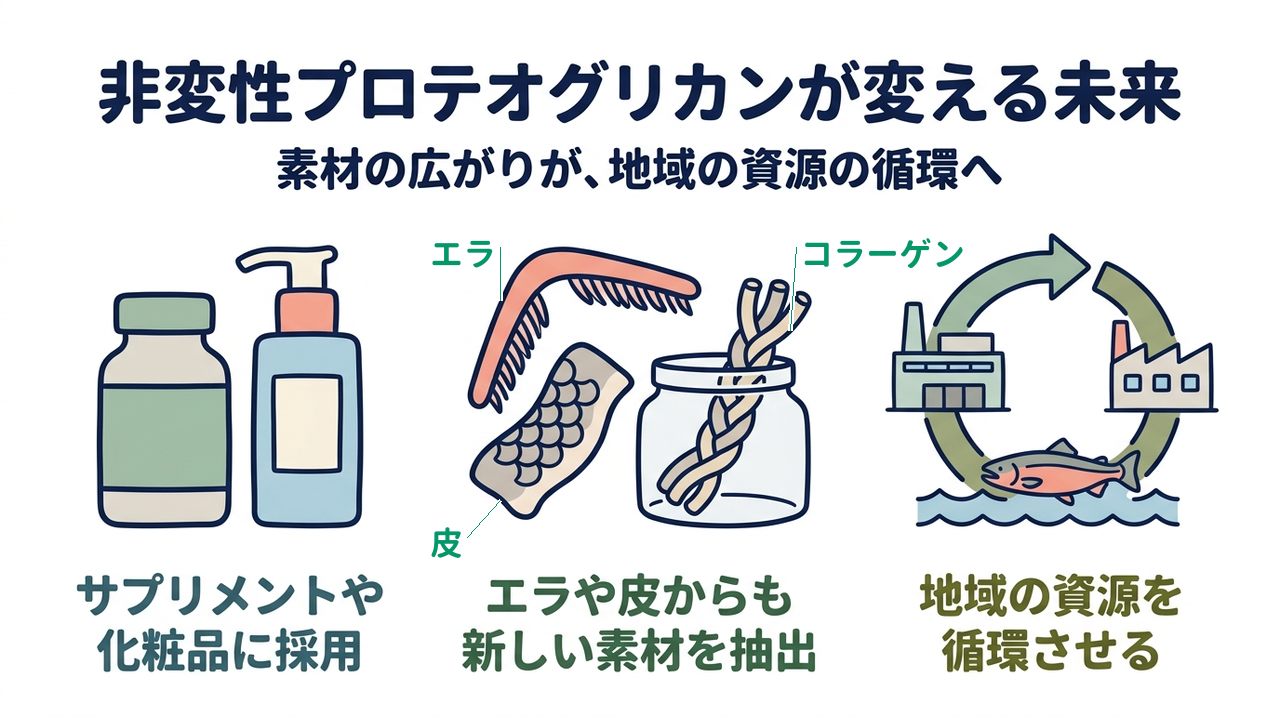 非変性プロテオグリカンが変える未来｜素材の広がりが、地域の資源の循環へ｜サプリメントや・化粧品に採用／エラや皮からも・新しい素材を抽出／地域の資源を・循環させる