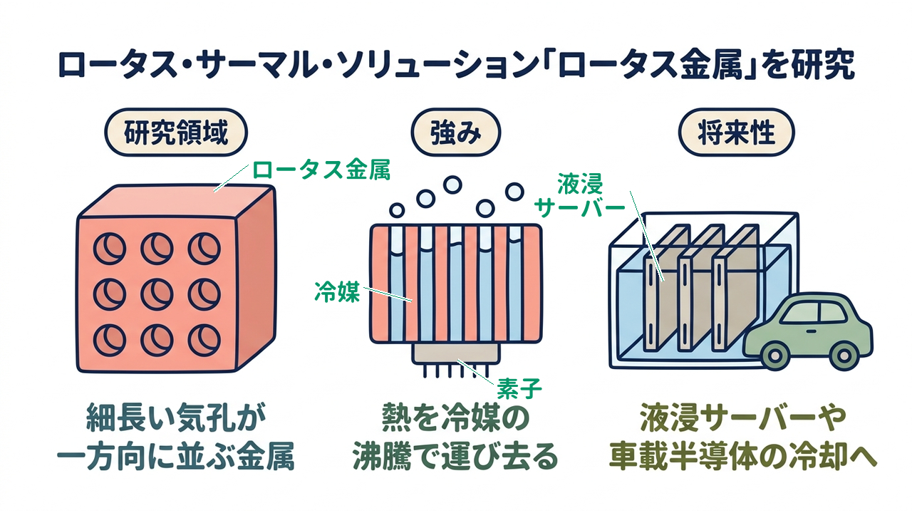 ロータス・サーマル・ソリューション「ロータス金属」を研究｜研究領域=細長い気孔が・一方向に並ぶ金属／強み=熱を冷媒の・沸騰で運び去る／将来性=液浸サーバーや・車載半導体の冷却へ