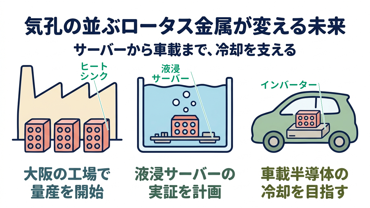 気孔の並ぶロータス金属が変える未来｜サーバーから車載まで、冷却を支える｜大阪の工場で・量産を開始／液浸サーバーの・実証を計画／車載半導体の・冷却を目指す