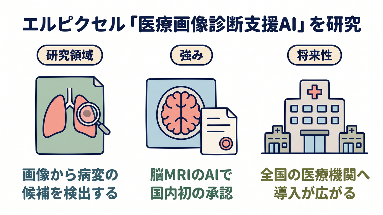 エルピクセル「医療画像診断支援AI」を研究|研究領域=画像から病変の候補を検出する/強み=脳MRIのAIで国内初の承認/将来性=全国の医療機関へ導入が広がる