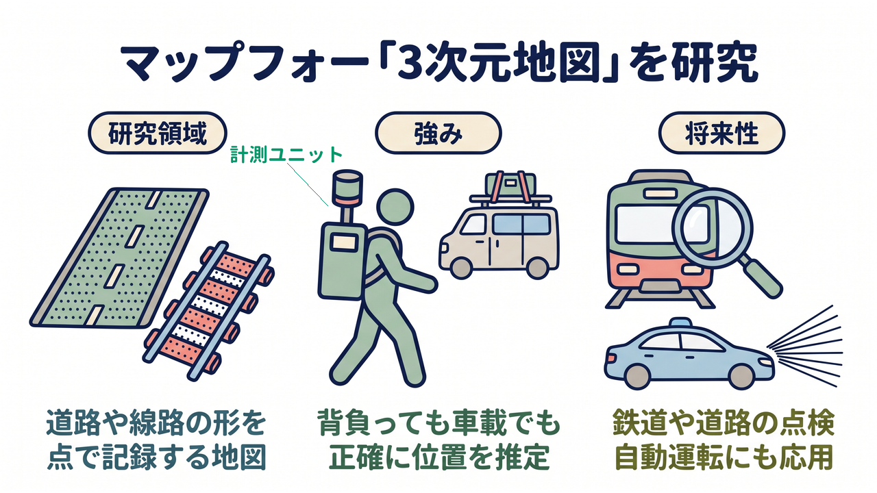 マップフォー｜研究領域=道路や線路の形を点で記録する地図／強み=背負っても車載でも正確に位置を推定／将来性=鉄道や道路の点検、自動運転にも応用
