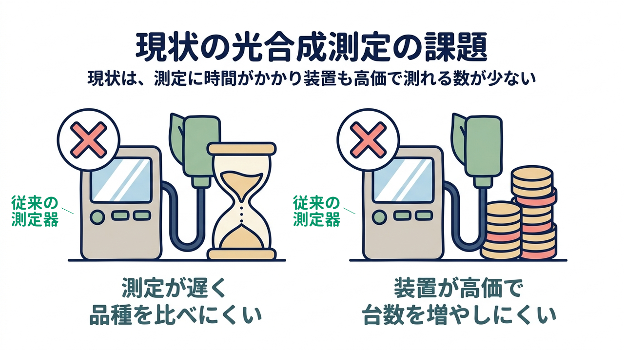 現状の光合成測定の課題｜現状は、測定に時間がかかり装置も高価で測れる数が少ない｜測定が遅く・品種を比べにくい／装置が高価で・台数を増やしにくい