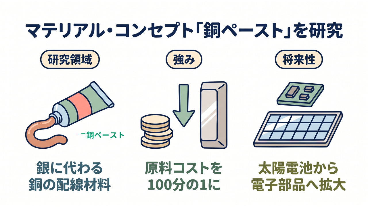 マテリアル・コンセプト|研究領域=銀に代わる銅の配線材料/強み=原料コストを100分の1に/将来性=太陽電池から電子部品へ拡大