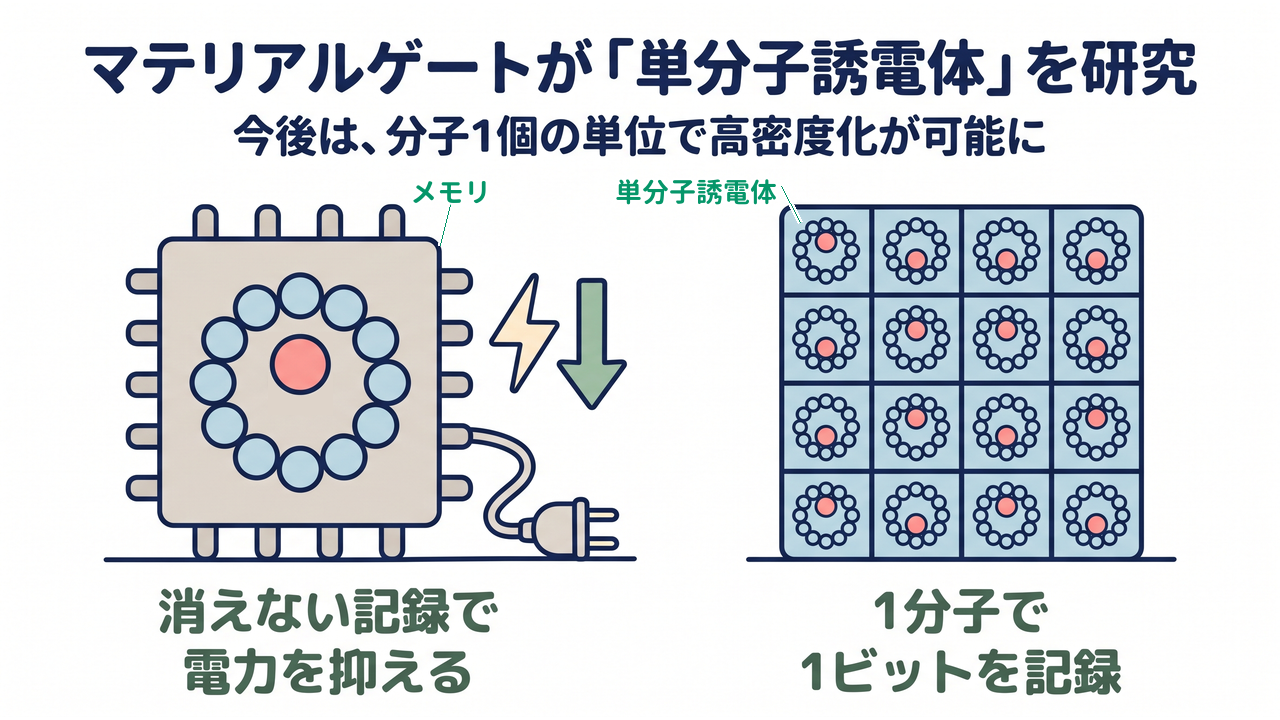 マテリアルゲートが「単分子誘電体」を研究|今後は、分子1個の単位で高密度化が可能に|消えない記録で・電力を抑える/1分子で・1ビットを記録