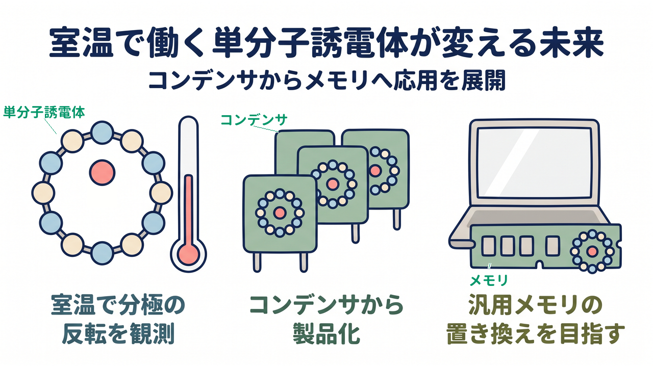 室温で働く単分子誘電体が変える未来|コンデンサからメモリへ応用を展開|室温で分極の・反転を観測/コンデンサから・製品化/汎用メモリの・置き換えを目指す
