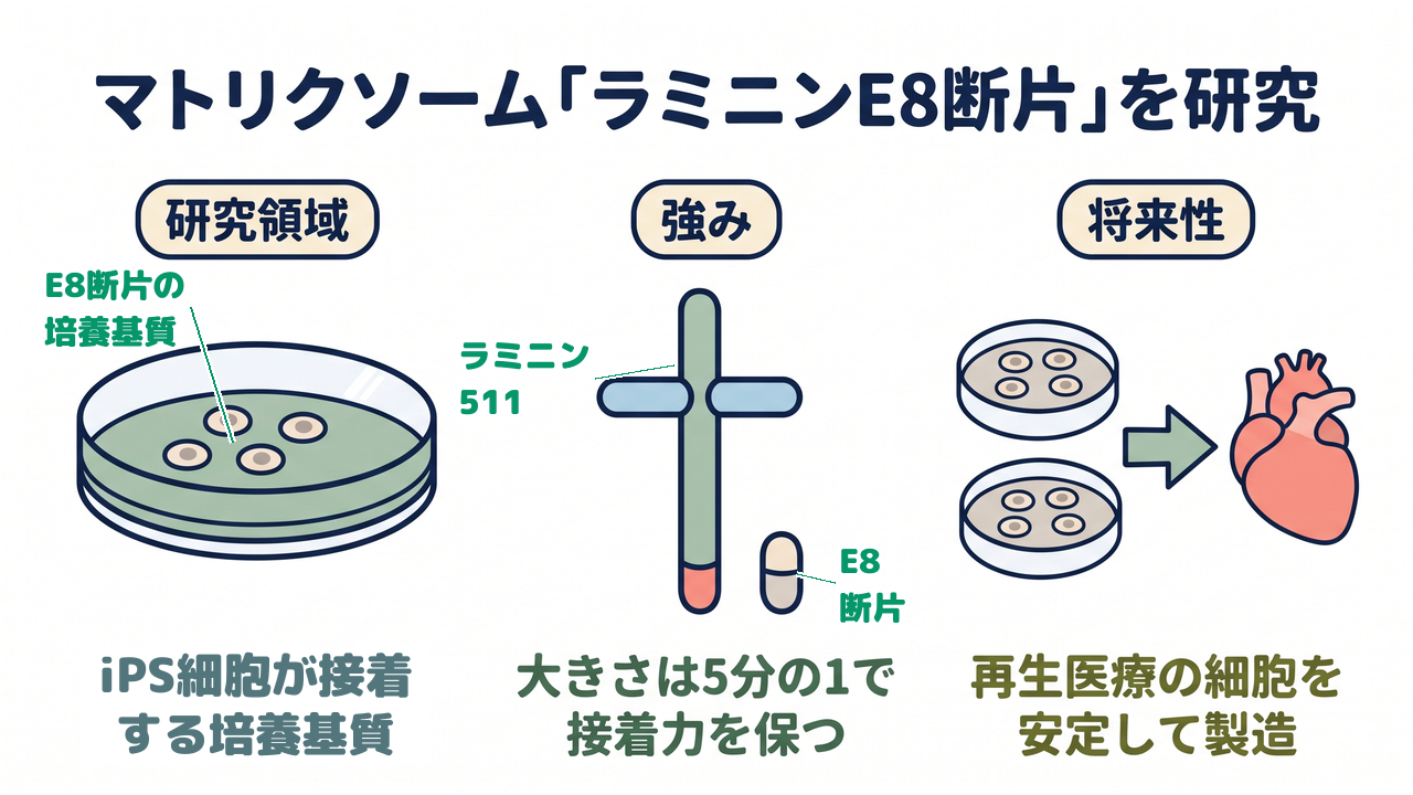 マトリクソーム「ラミニンE8断片」を研究｜研究領域=iPS細胞が接着する培養基質／強み=大きさは5分の1で接着力を保つ／将来性=再生医療の細胞を安定して製造