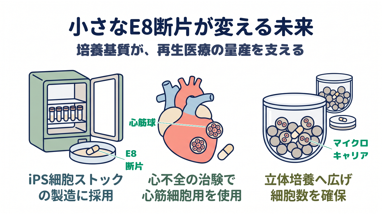 小さなE8断片が変える未来｜培養基質が、再生医療の量産を支える／iPS細胞ストックの製造に採用／心不全の治験で心筋細胞用を使用／立体培養へ広げ細胞数を確保