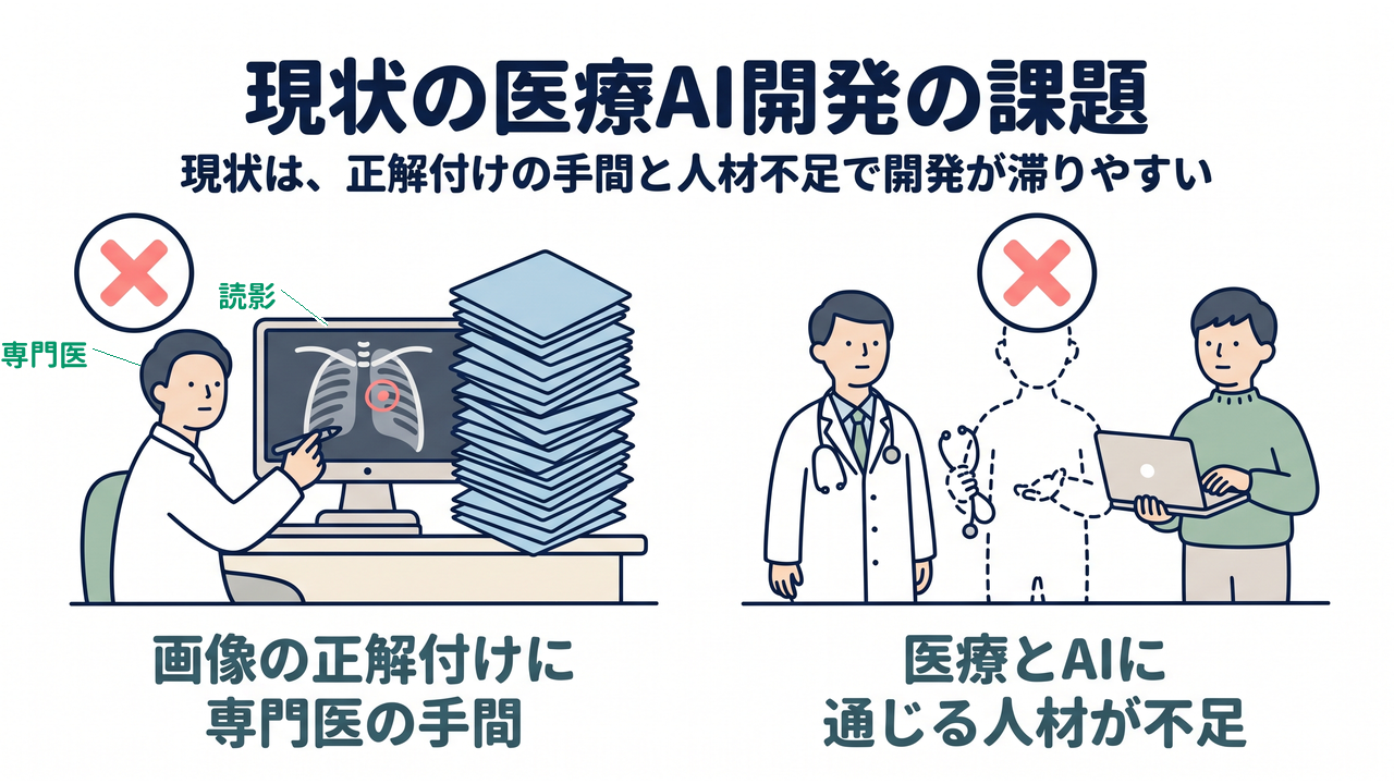 現状の医療AI開発の課題｜画像の正解付けに専門医の手間／医療とAIに通じる人材が不足