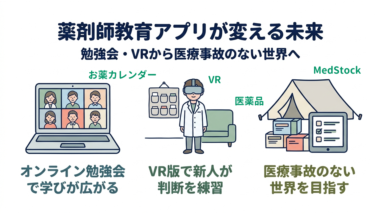 薬剤師教育アプリが変える未来｜勉強会・VRから医療事故のない世界へ｜オンライン勉強会で・学びが広がる／VR版で新人が・判断を練習／医療事故のない・世界を目指す