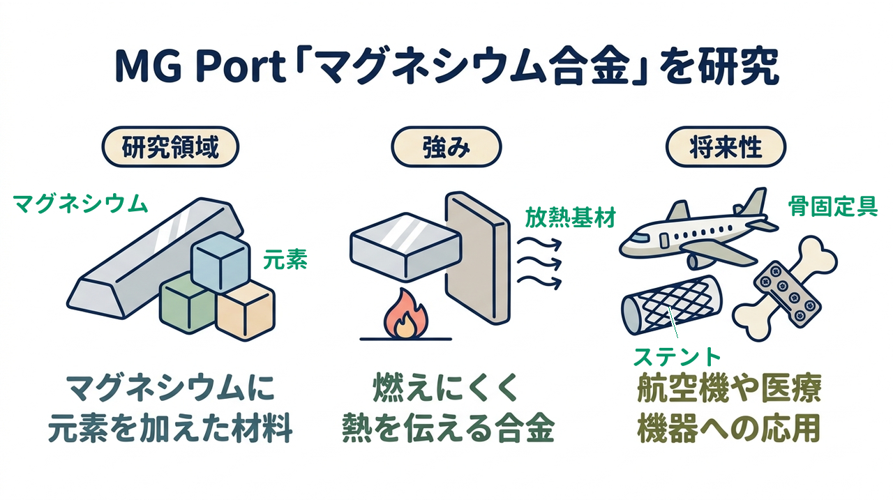 MG Port「マグネシウム合金」を研究｜研究領域=マグネシウムに元素を加えた材料／強み=燃えにくく熱を伝える合金／将来性=航空機や医療機器への応用