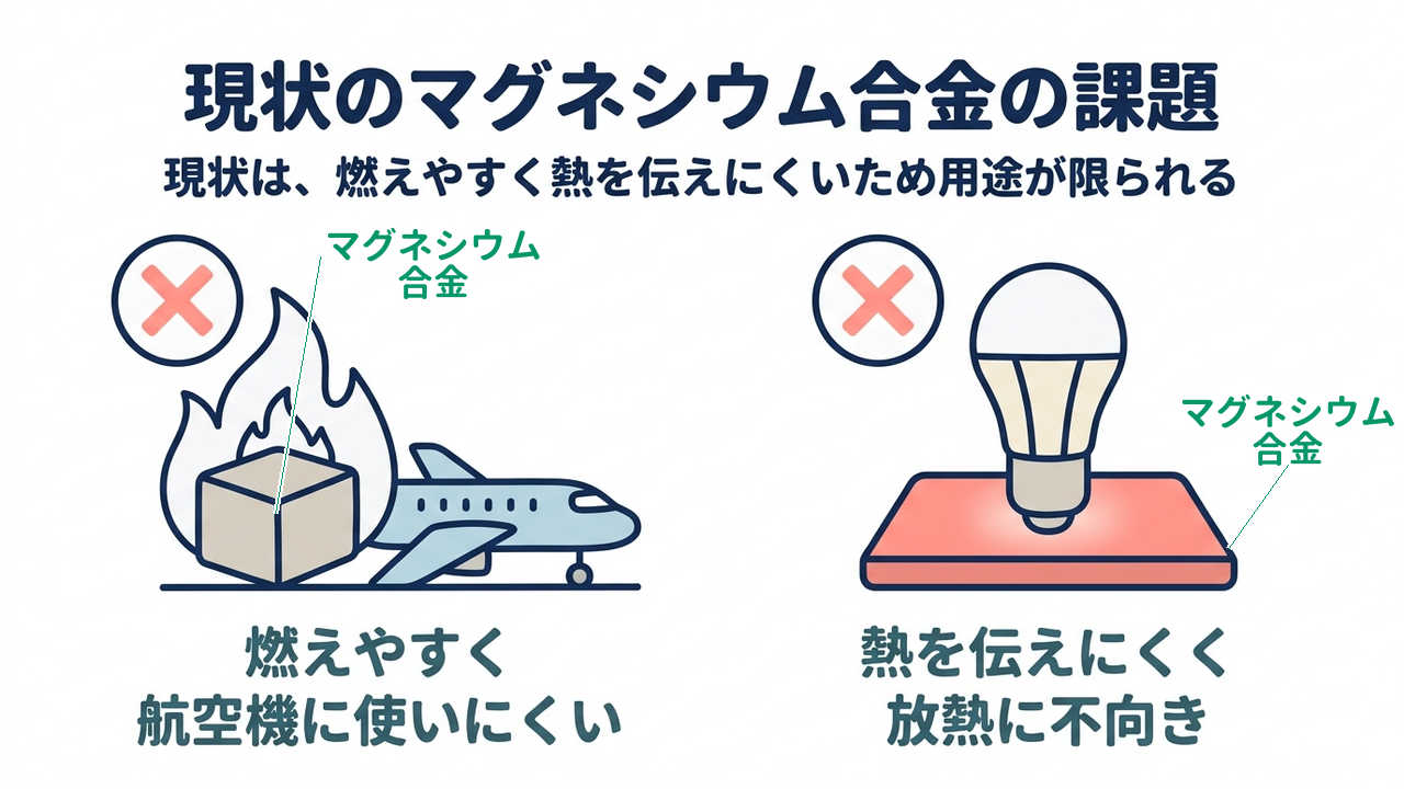 現状のマグネシウム合金の課題｜現状は、燃えやすく熱を伝えにくいため用途が限られる／燃えやすく航空機に使いにくい／熱を伝えにくく放熱に不向き