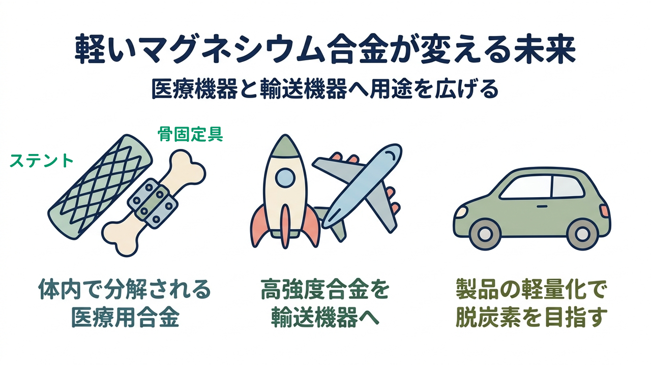 軽いマグネシウム合金が変える未来｜医療機器と輸送機器へ用途を広げる／体内で分解される医療用合金／高強度合金を輸送機器へ／製品の軽量化で脱炭素を目指す