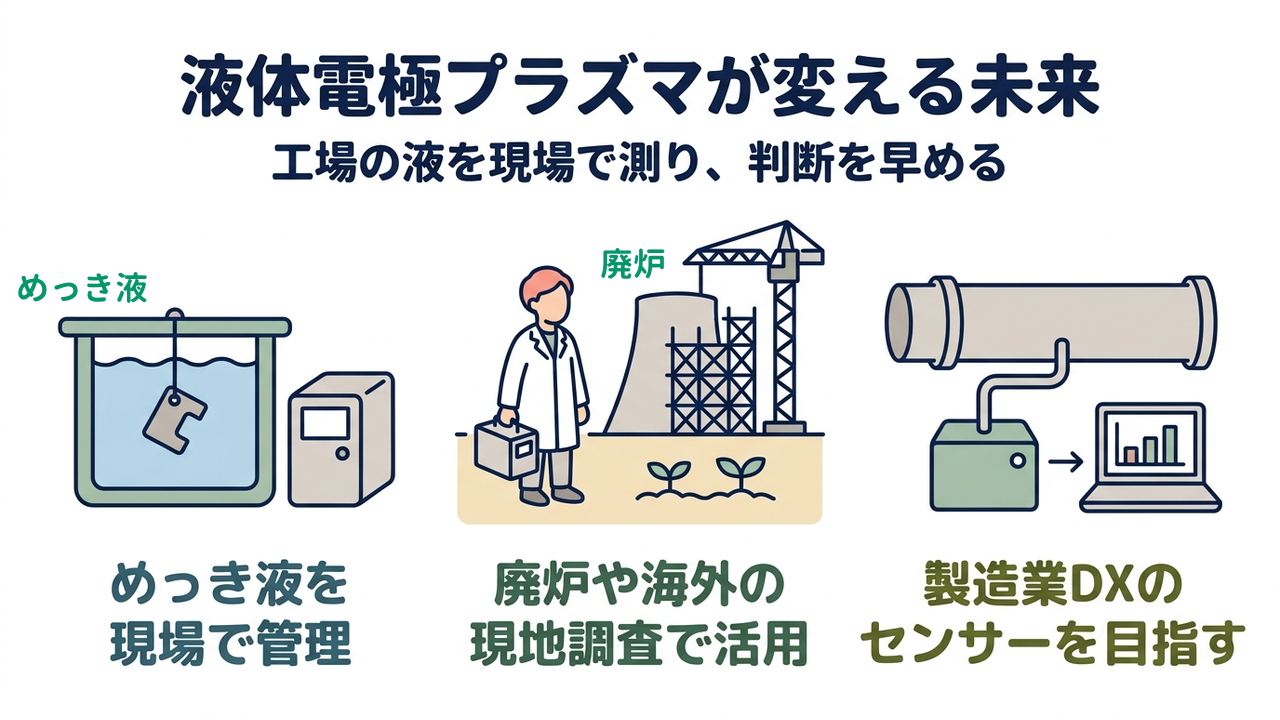 液体電極プラズマが変える未来|工場の液を現場で測り、判断を早める/めっき液を現場で管理/廃炉や海外の現地調査で活用/製造業DXのセンサーを目指す