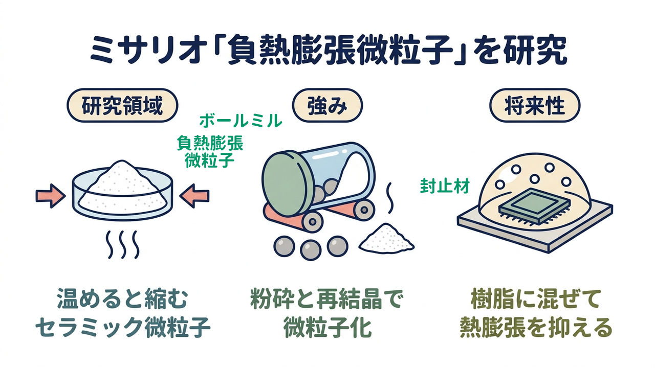 ミサリオ「負熱膨張微粒子」を研究｜研究領域=温めると縮む・セラミック微粒子／強み=粉砕と再結晶で・微粒子化／将来性=樹脂に混ぜて・熱膨張を抑える