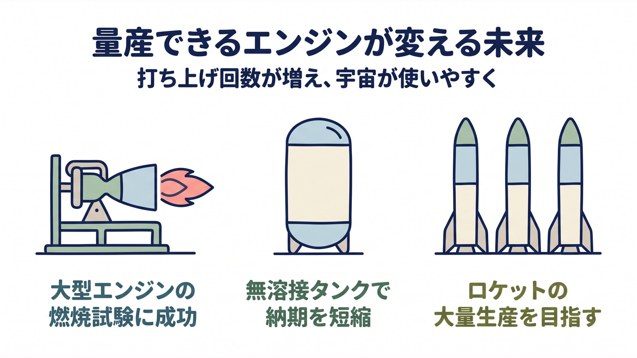 量産できるエンジンが変える未来|打ち上げ回数が増え、宇宙が使いやすく/燃焼試験台のエンジン=大型エンジンの燃焼試験に成功/継ぎ目のないタンク=無溶接タンクで納期を短縮/並んだ3機のロケット=ロケットの大量生産を目指す