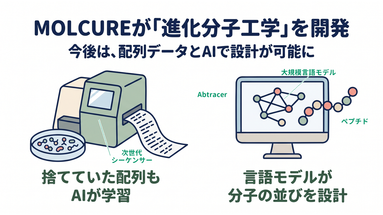 MOLCUREが「進化分子工学」を開発｜捨てていた配列もAIが学習／言語モデルが分子の並びを設計