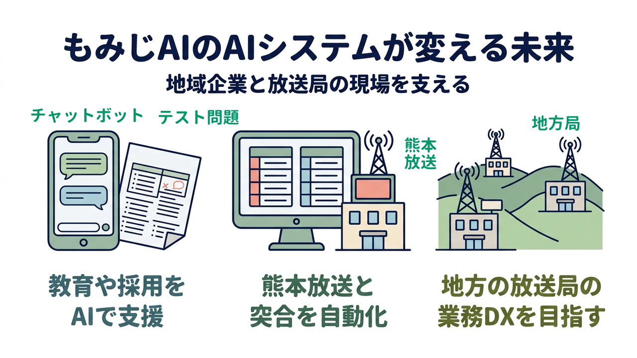 もみじAIのAIシステムが変える未来｜地域企業と放送局の現場を支える／教育や採用をAIで支援／熊本放送と突合を自動化／地方の放送局の業務DXを目指す