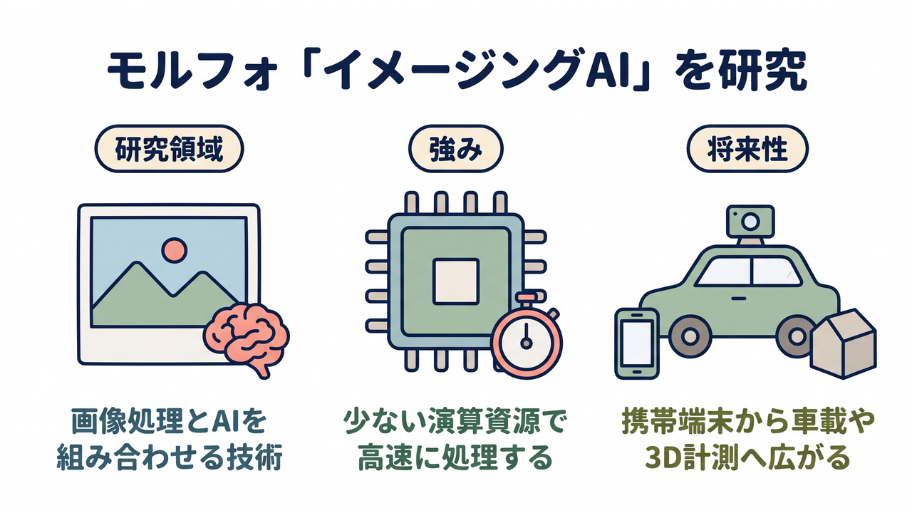 モルフォ「イメージングAI」を研究｜研究領域=画像処理とAIを組み合わせる技術／強み=少ない演算資源で高速に処理する／将来性=携帯端末から車載や3D計測へ広がる