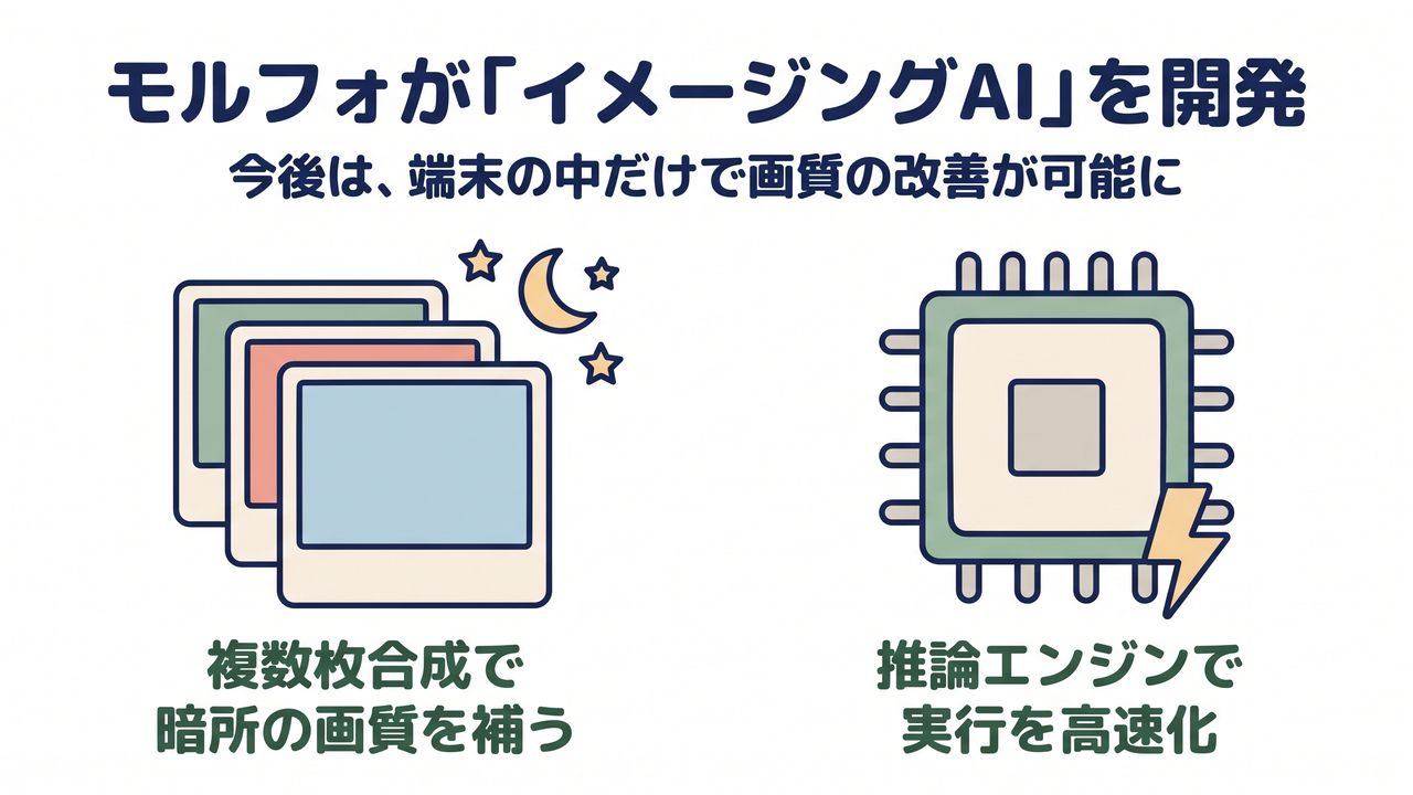 モルフォが「イメージングAI」を開発｜今後は、端末の中だけで画質の改善が可能に／複数枚合成で暗所の画質を補う／推論エンジンで実行を高速化