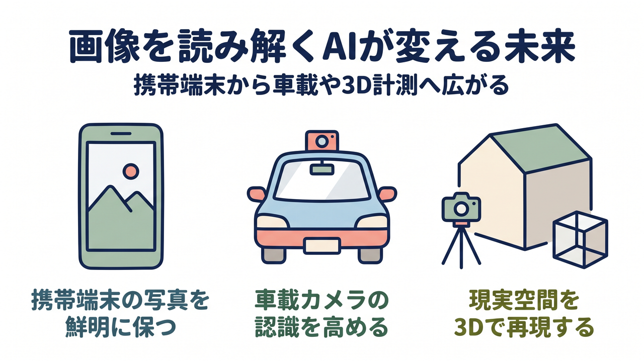 画像を読み解くAIが変える未来｜携帯端末から車載や3D計測へ広がる／携帯端末の写真を鮮明に保つ／車載カメラの認識を高める／現実空間を3Dで再現する
