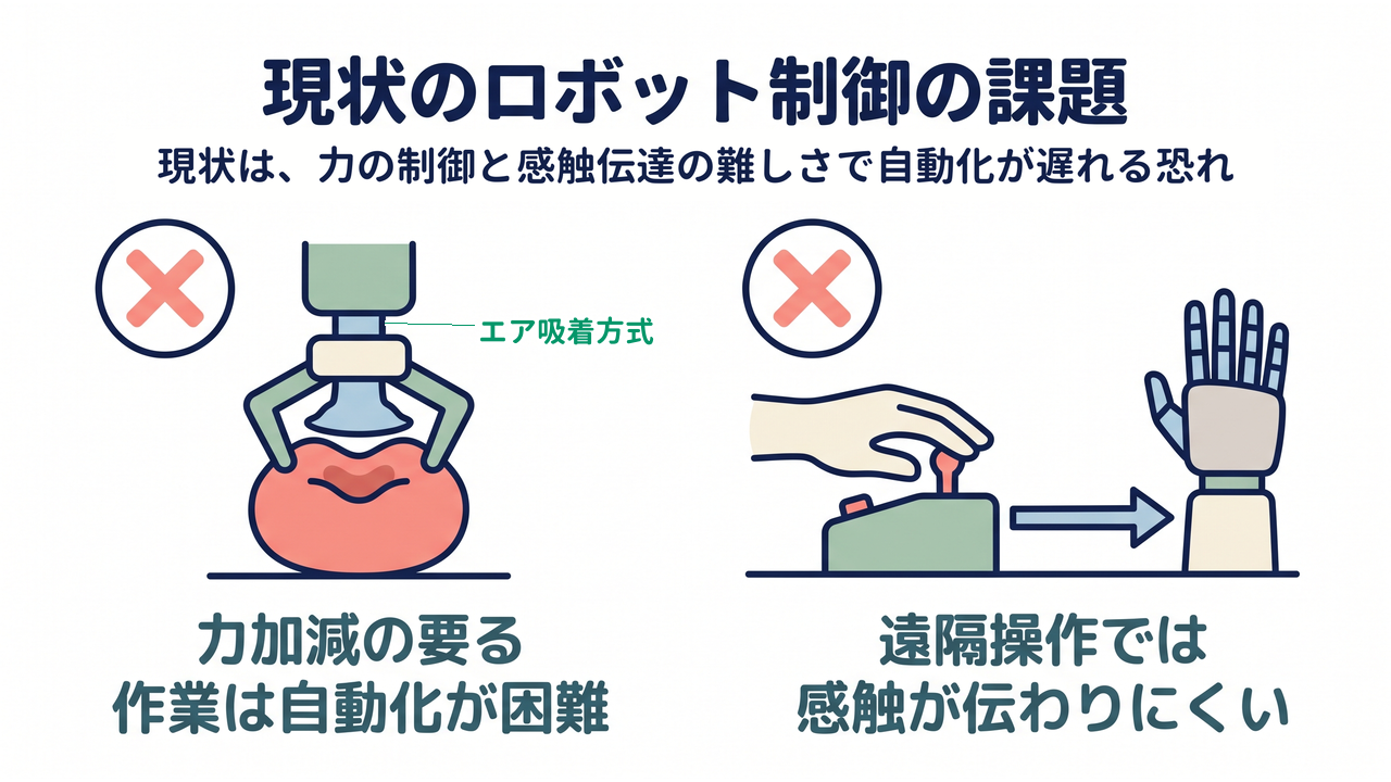 現状のロボット制御の課題|現状は、力の制御と感触伝達の難しさで自動化が遅れる恐れ|力加減の要る・作業は自動化が困難/遠隔操作では・感触が伝わりにくい