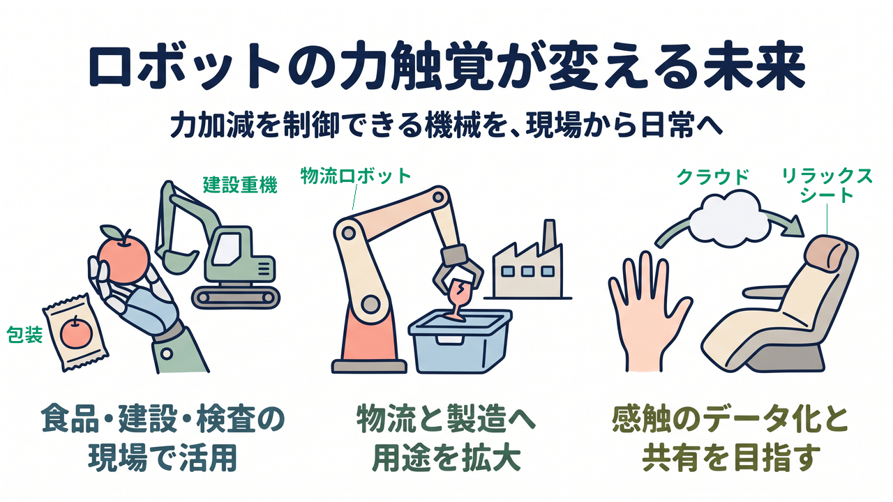 ロボットの力触覚が変える未来|力加減を制御できる機械を、現場から日常へ|食品・建設・検査の・現場で活用/物流と製造へ・用途を拡大/感触のデータ化と・共有を目指す