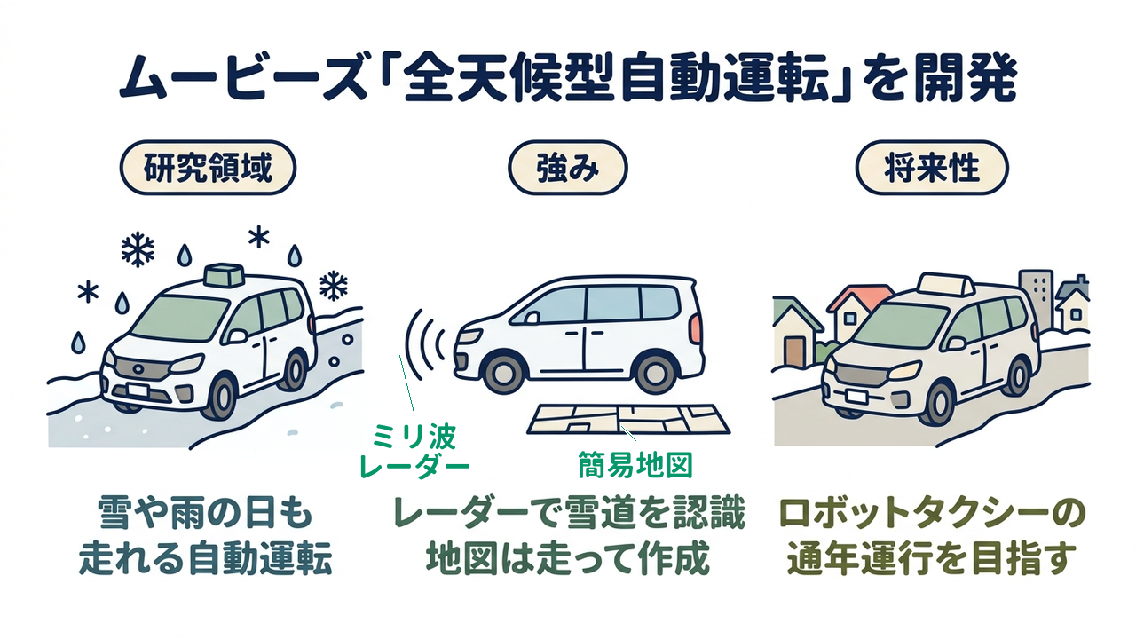 ムービーズ「全天候型自動運転」を開発｜研究領域=雪や雨の日も・走れる自動運転／強み=レーダーで雪道を認識・地図は走って作成／将来性=ロボットタクシーの・通年運行を目指す