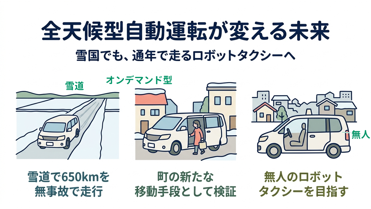 全天候型自動運転が変える未来｜雪国でも、通年で走るロボットタクシーへ｜雪道で650kmを・無事故で走行／町の新たな・移動手段として検証／無人のロボット・タクシーを目指す