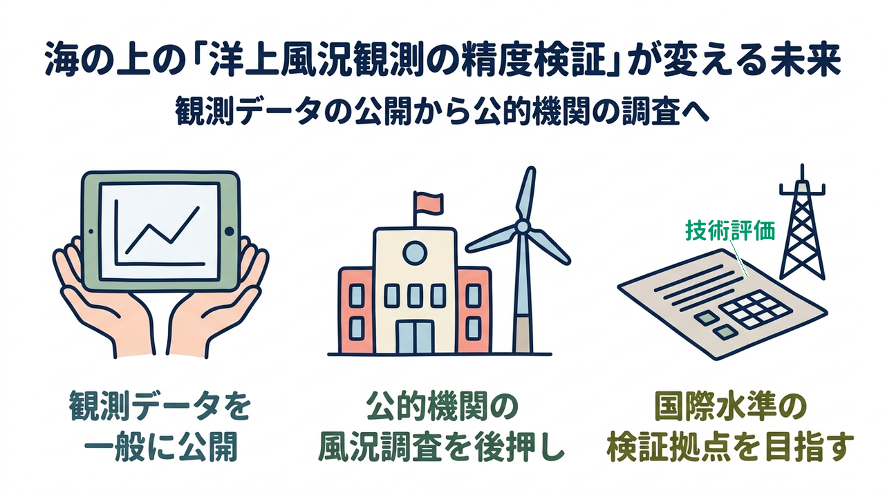 海の上の「洋上風況観測の精度検証」が変える未来｜観測データの公開から公的機関の調査へ｜観測データを・一般に公開／公的機関の・風況調査を後押し／国際水準の・検証拠点を目指す