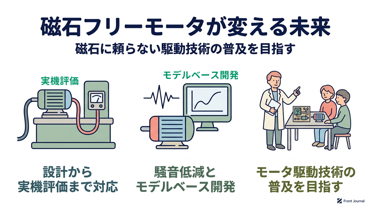 磁石フリーモータが変える未来|磁石に頼らない駆動技術の普及を目指す|設計から・実機評価まで対応/騒音低減と・モデルベース開発/モータ駆動技術の・普及を目指す