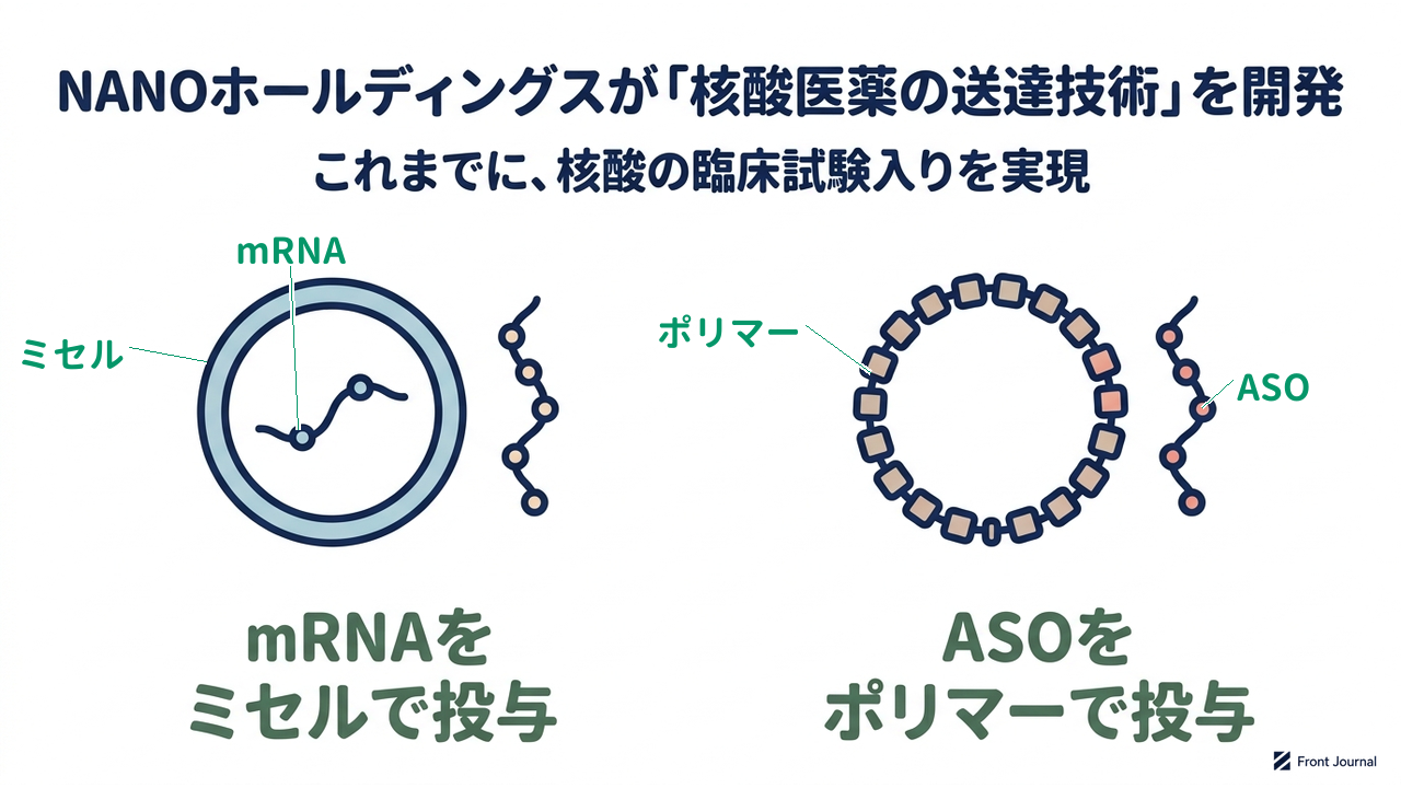 NANOホールディングスが「核酸医薬の送達技術」を開発|これまでに、核酸の臨床試験入りを実現|mRNAを・ミセルで投与/ASOを・ポリマーで投与