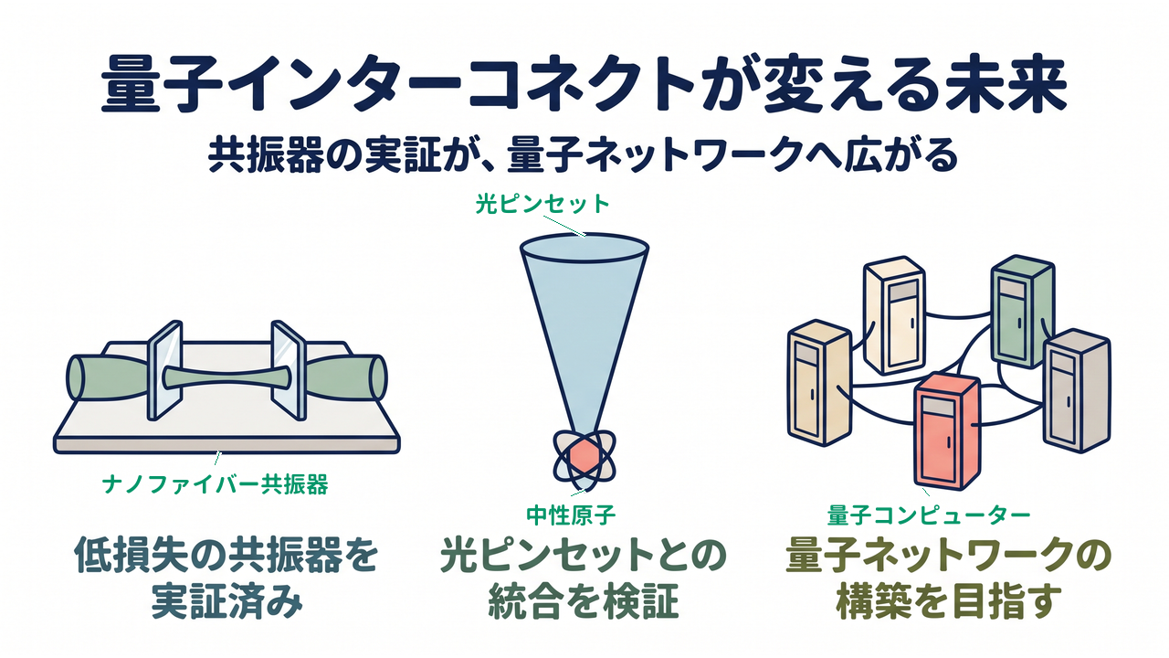 量子インターコネクトが変える未来｜共振器の実証が量子ネットワークへ広がり、低損失の共振器を実証済みで、光ピンセットとの統合を検証する