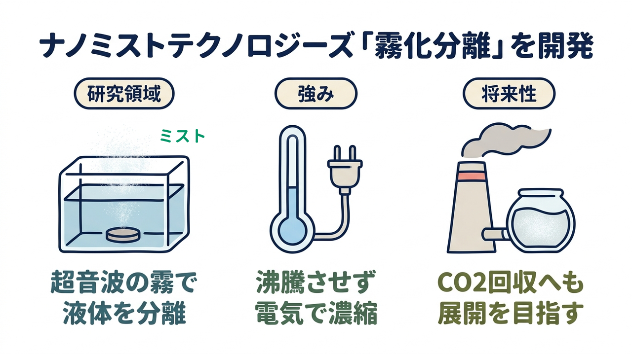 ナノミストテクノロジーズ「霧化分離」を開発|研究領域=超音波の霧で・液体を分離/強み=沸騰させず・電気で濃縮/将来性=CO2回収へも・展開を目指す