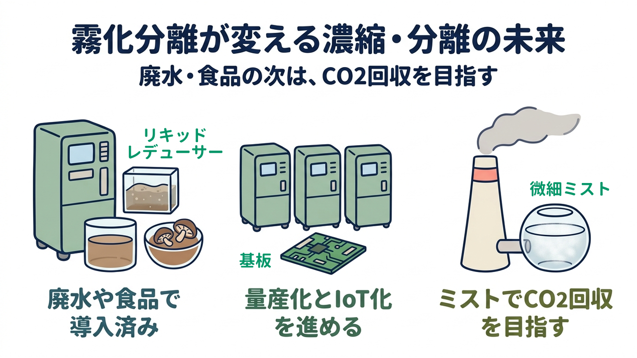 霧化分離が変える濃縮・分離の未来|廃水・食品の次は、CO2回収を目指す|廃水や食品で・導入済み/量産化とIoT化・を進める/ミストでCO2回収・を目指す
