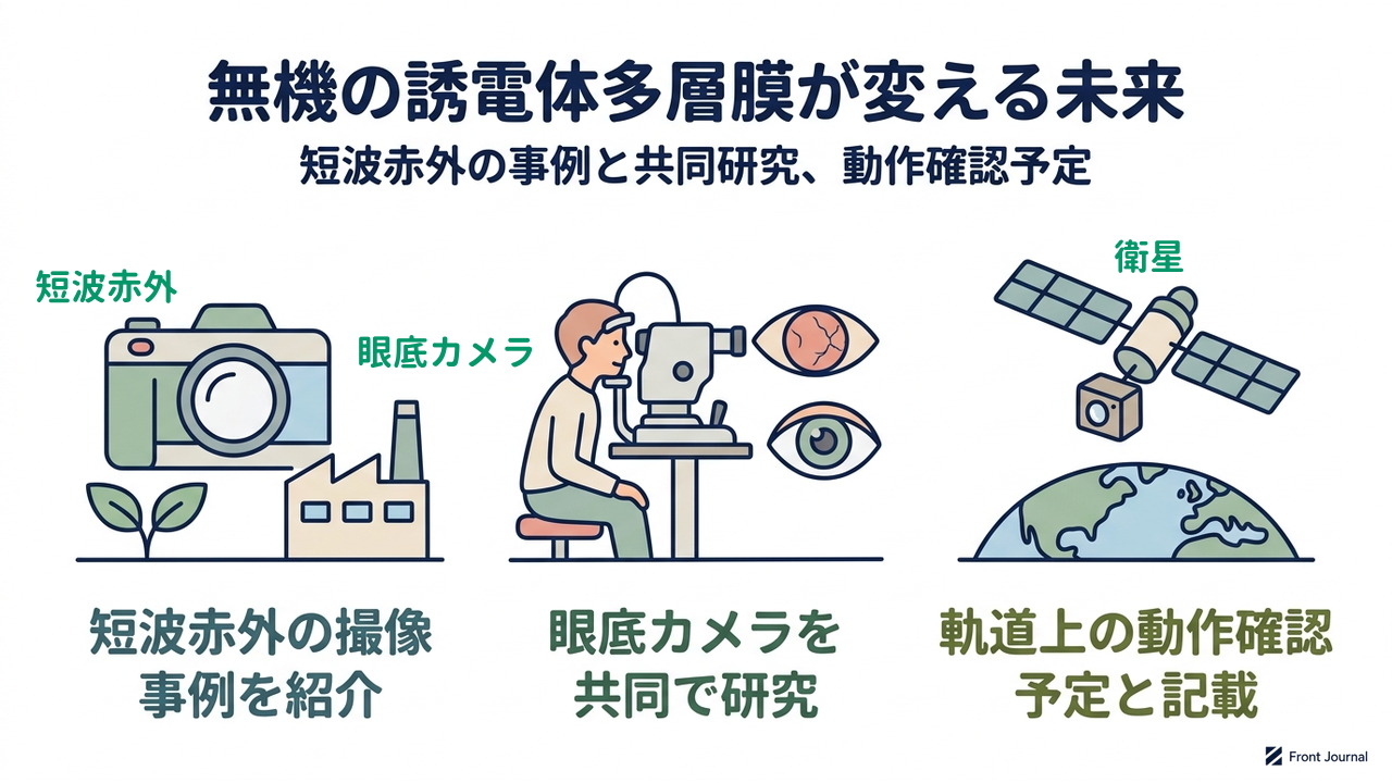無機の誘電体多層膜が変える未来|短波赤外の事例と共同研究、動作確認予定|短波赤外の撮像・事例を紹介/眼底カメラを・共同で研究/軌道上の動作確認・予定と記載