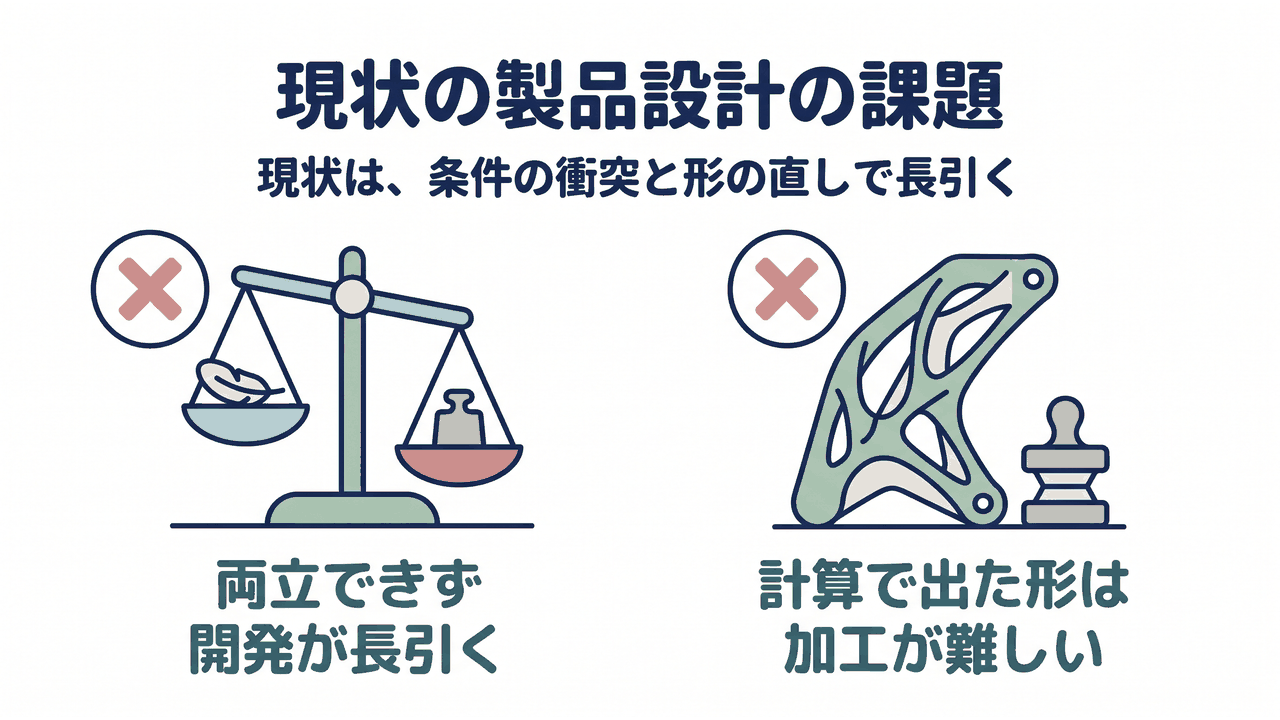 現状の製品設計の課題｜現状は、条件の衝突と形の直しで長引く／両立できず開発が長引く／計算で出た形は加工が難しい