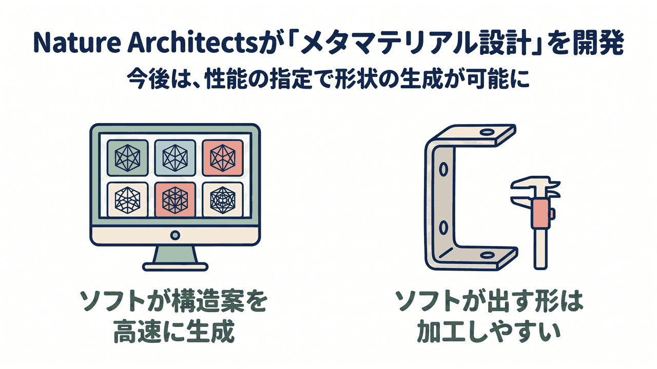 Nature Architectsが「メタマテリアル設計」を開発｜今後は、性能の指定で形状の生成が可能に／ソフトが構造案を高速に生成／ソフトが出す形は加工しやすい
