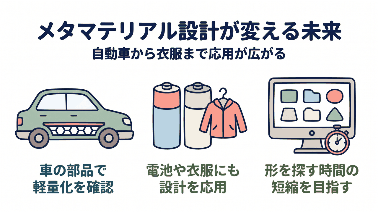 メタマテリアル設計が変える未来｜自動車から衣服まで応用が広がる／車の部品で軽量化を確認／電池や衣服にも設計を応用／形を探す時間の短縮を目指す