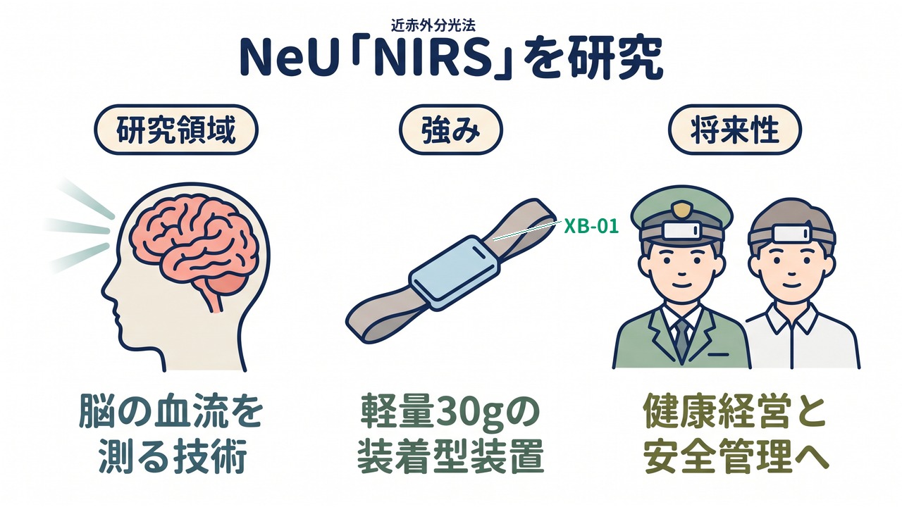 NeU「NIRS」を研究｜研究領域=脳の血流を測る技術／強み=軽量30gの装着型装置／将来性=健康経営と安全管理へ