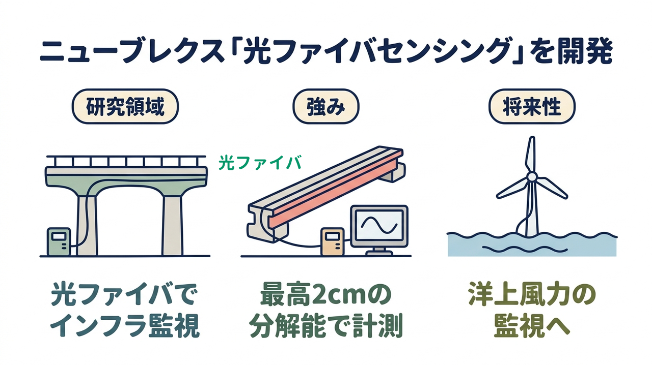 ニューブレクス「光ファイバセンシング」を開発｜研究領域=光ファイバで・インフラ監視／強み=最高2cmの・分解能で計測／将来性=洋上風力の・監視へ