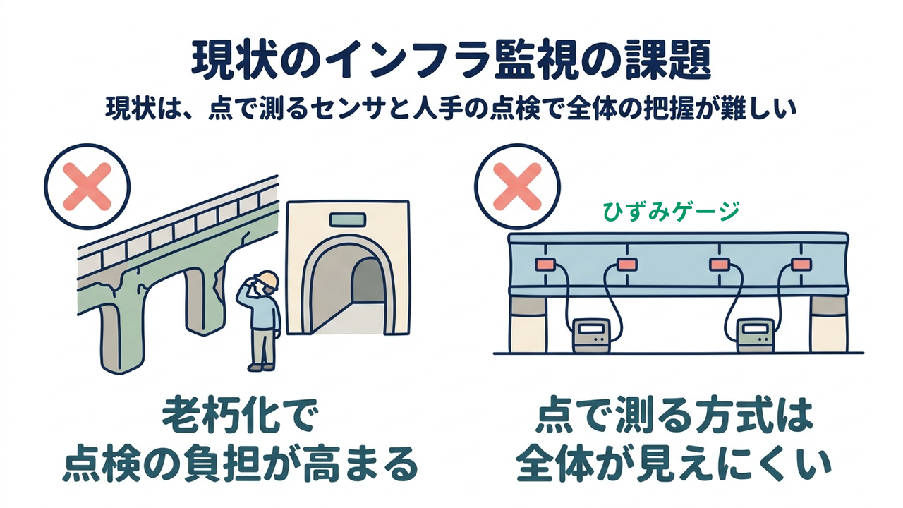 現状のインフラ監視の課題｜現状は、点で測るセンサと人手の点検で全体の把握が難しい｜老朽化で・点検の負担が高まる／点で測る方式は・全体が見えにくい