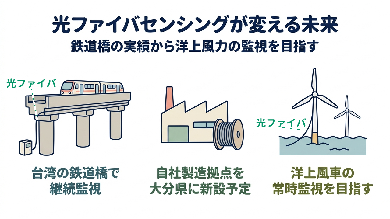 光ファイバセンシングが変える未来｜鉄道橋の実績から洋上風力の監視を目指す｜台湾の鉄道橋で・継続監視／自社製造拠点を・大分県に新設予定／洋上風車の・常時監視を目指す